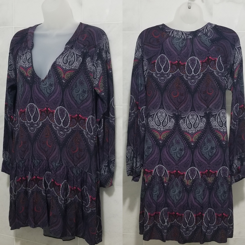 Sanctuary Tunic Dress Boho Folklore Long Sleeve Purple Printed xs Paisley